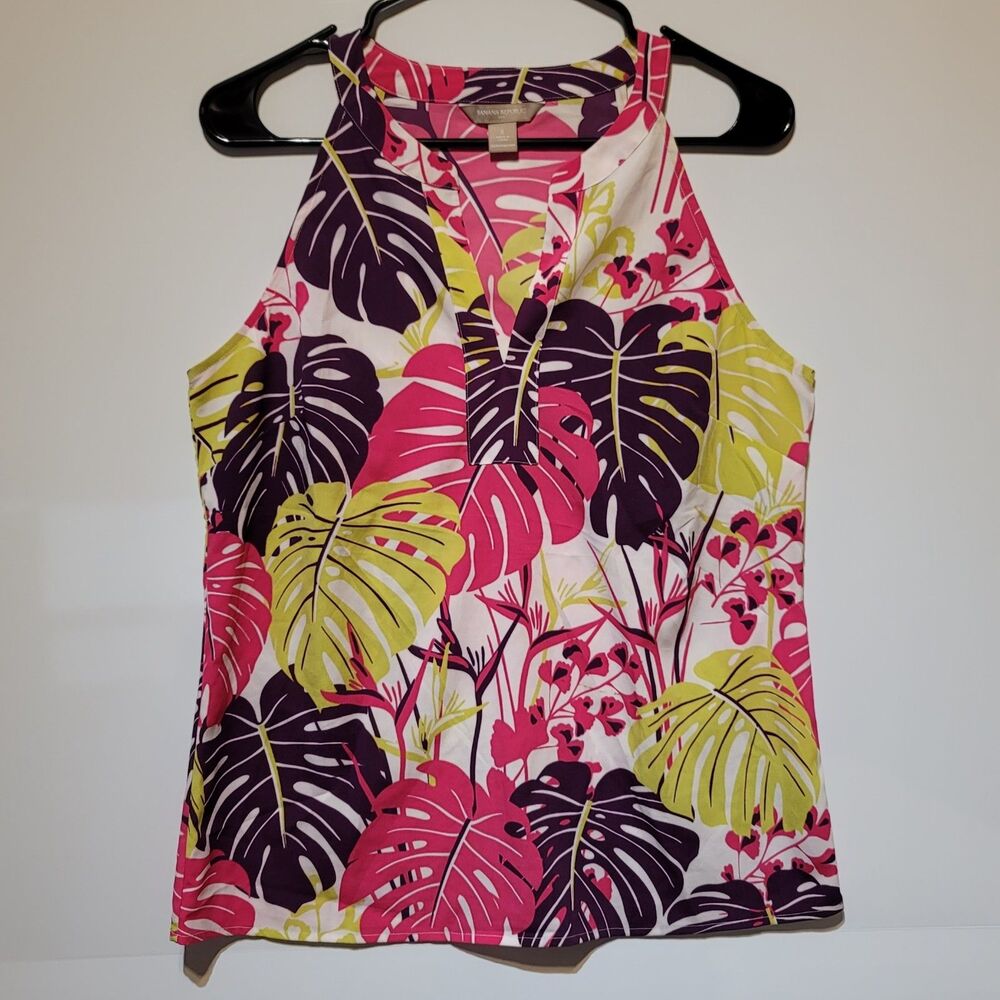 Banana Republic Tropical Monstera Palm Halter Top Size S Pink V-Neck Summer NWOT